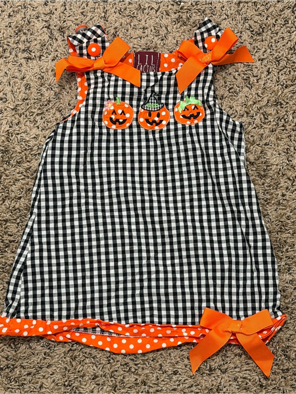 Lil Cactus Black Gingham Dress with Orange Pumpkin Appliqués